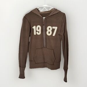 Vintage Aeropostale Y2K Hoodie Full Zip Medium Brown Striped Hood Embroidered 19